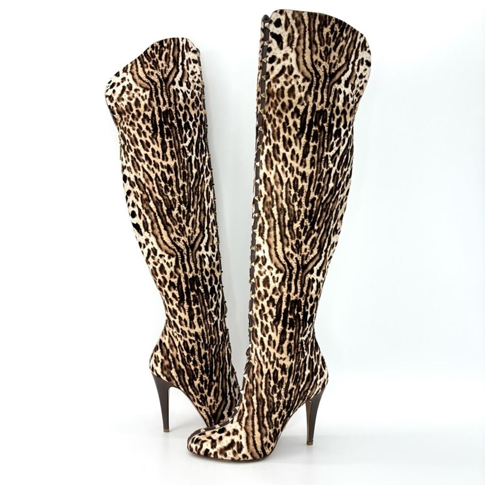 Valentino Rockstud Over the Knee Leopard Print Cowhair Stiletto Boots 40 - Picture 2 of 8